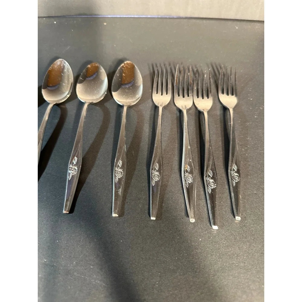 Vintage Japan Stainless Steel Flatware Rose Embossed Floral 15 Piece Mixed Lot